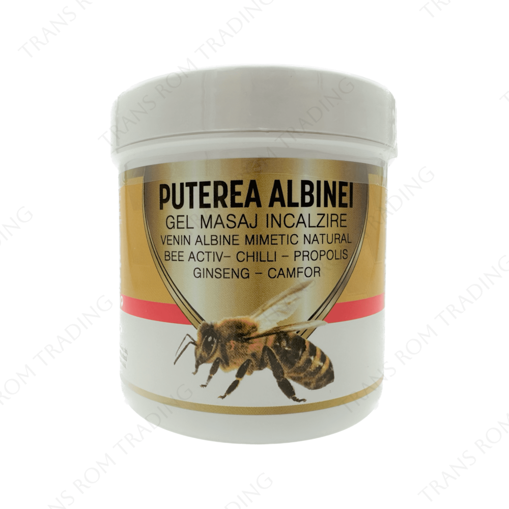 Gel pentru masaj cu efect de încălzire Puterea Albinei cu Venin de albine mimetic natural Bee Activ, Chili, Propolis, Ginseng și Camfor, 275ml, Praemium
