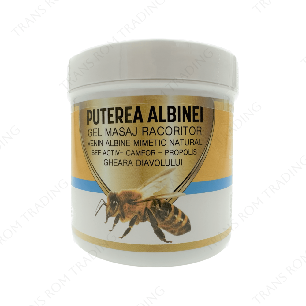 Gel pentru masaj cu efect de răcire Puterea Albinei cu Venin de albine mimetic natural Bee Activ, Camfor, Propolis și Gheara Diavolului, 275ml, Praemium
